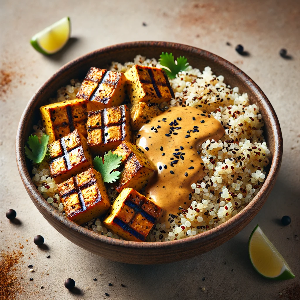 Ízletes és tápláló vegán quinoa wok grillezett tofuval, tahinivel és lime-mal