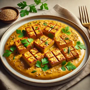 Tápláló tofu grillezve, tahini curryszósszal és korianderrel