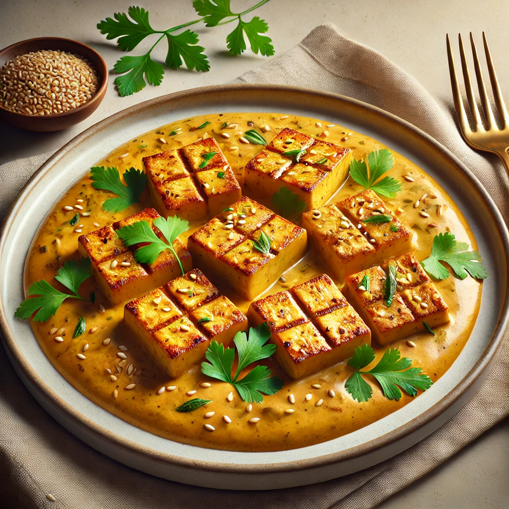 Tápláló tofu grillezve, tahini curryszósszal és korianderrel