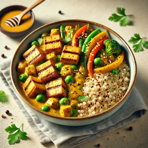 Tápláló quinoa curry tofuval és wok zöldségekkel