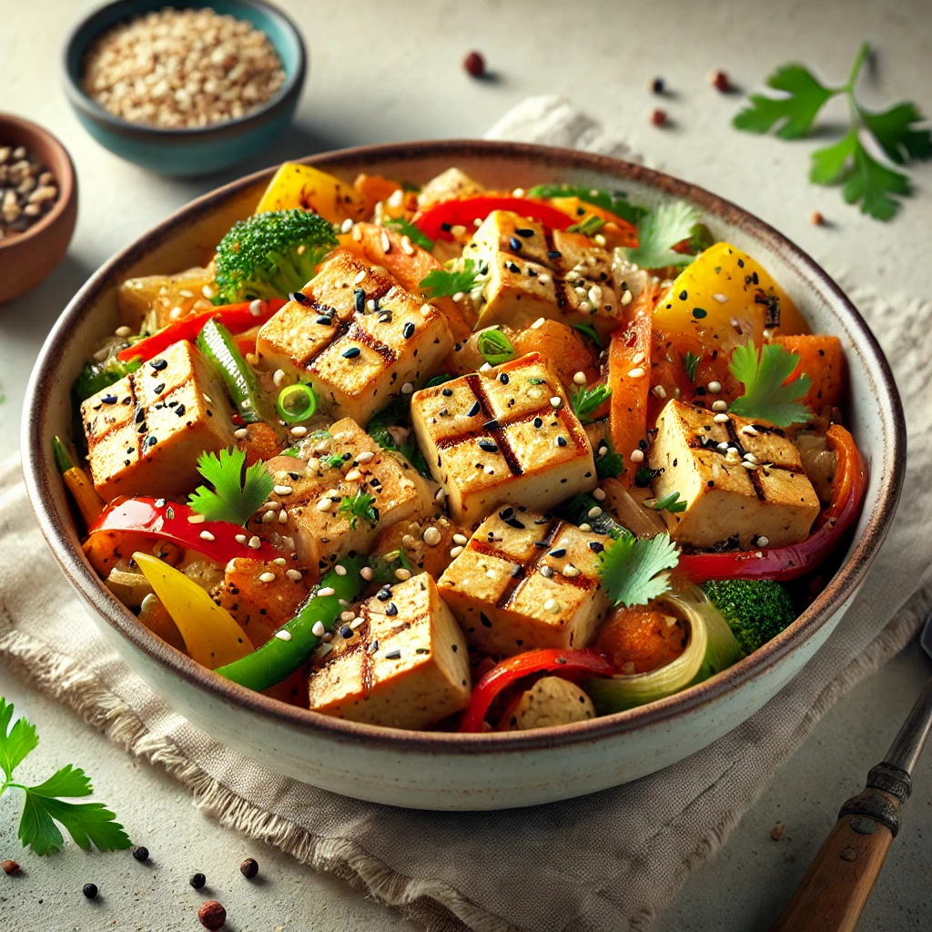 Tápláló tofu wok tahinival és zöldségekkel