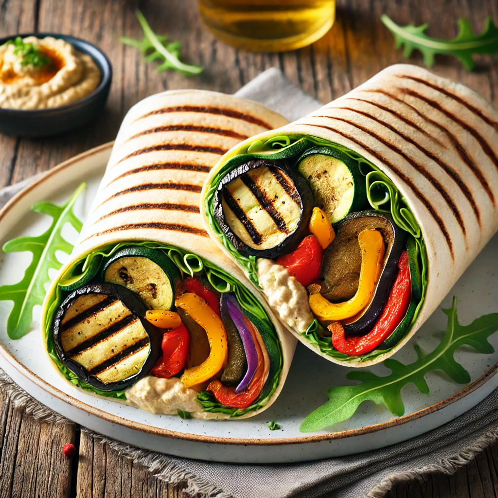 Tápláló wrap grillezett zöldségekkel, hummusszal és rukkolával