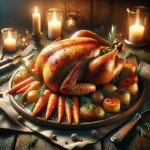 Roast guinea fowl served with roasted vegetables