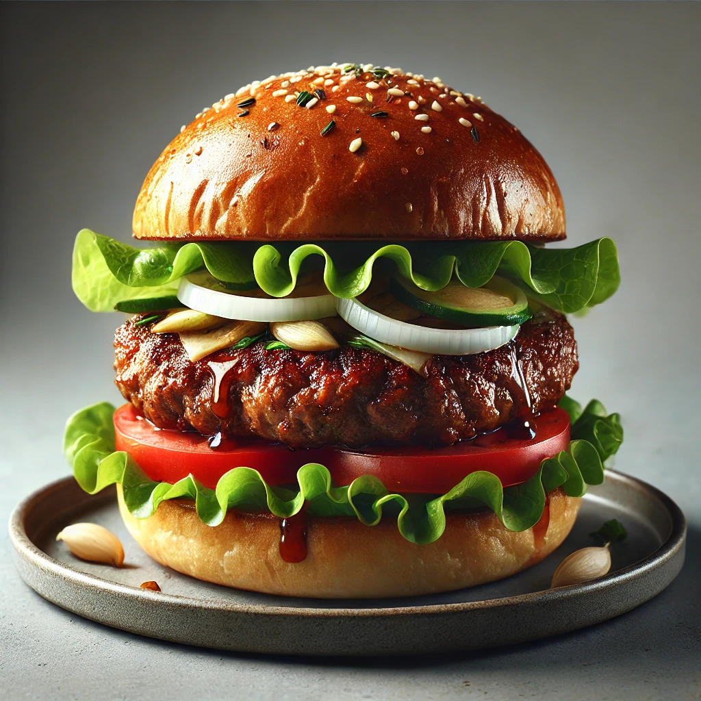 Friss gyömbérrel ízesített marhahúspogácsával készült burger