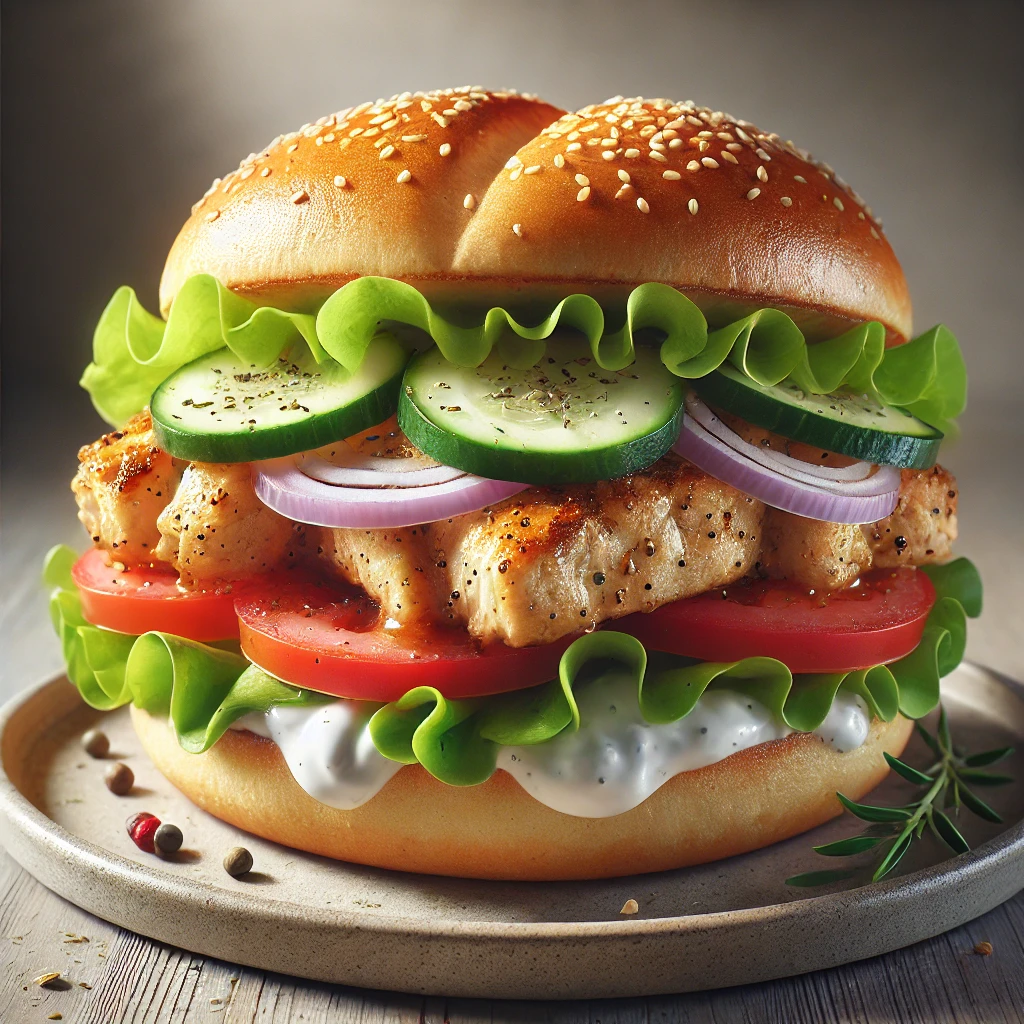 Fűszeres gyros csirkehússal készült burger