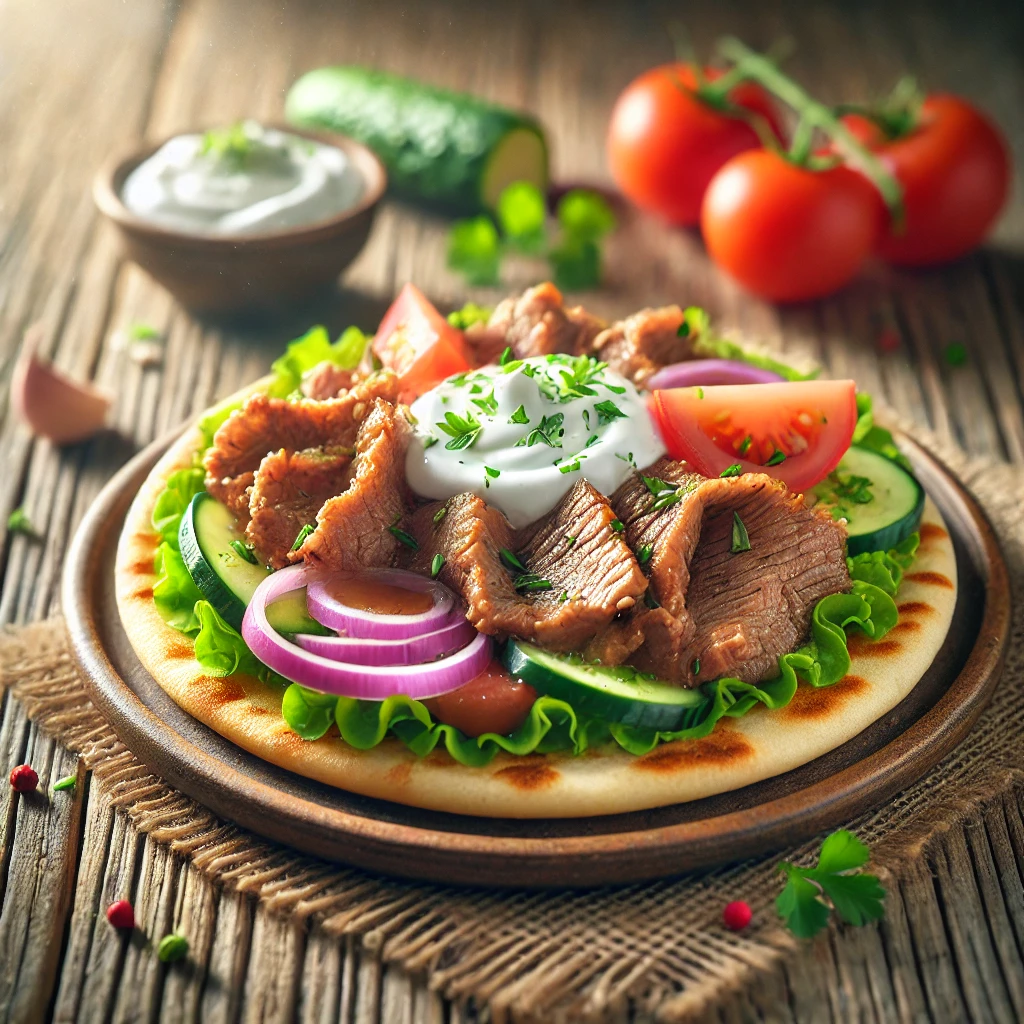 Autentikus gyros bárányhússal és zöldségekkel
