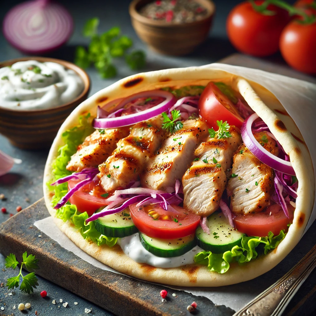 Egyszerű és ízletes csirkés gyros friss zöldségekkel