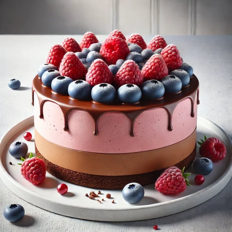 Gyümölcshabos csokis torta szeletekkel tálalva