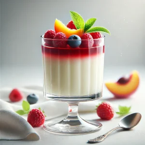 Krémes panna cotta friss gyümölcspürével és mentával díszítve