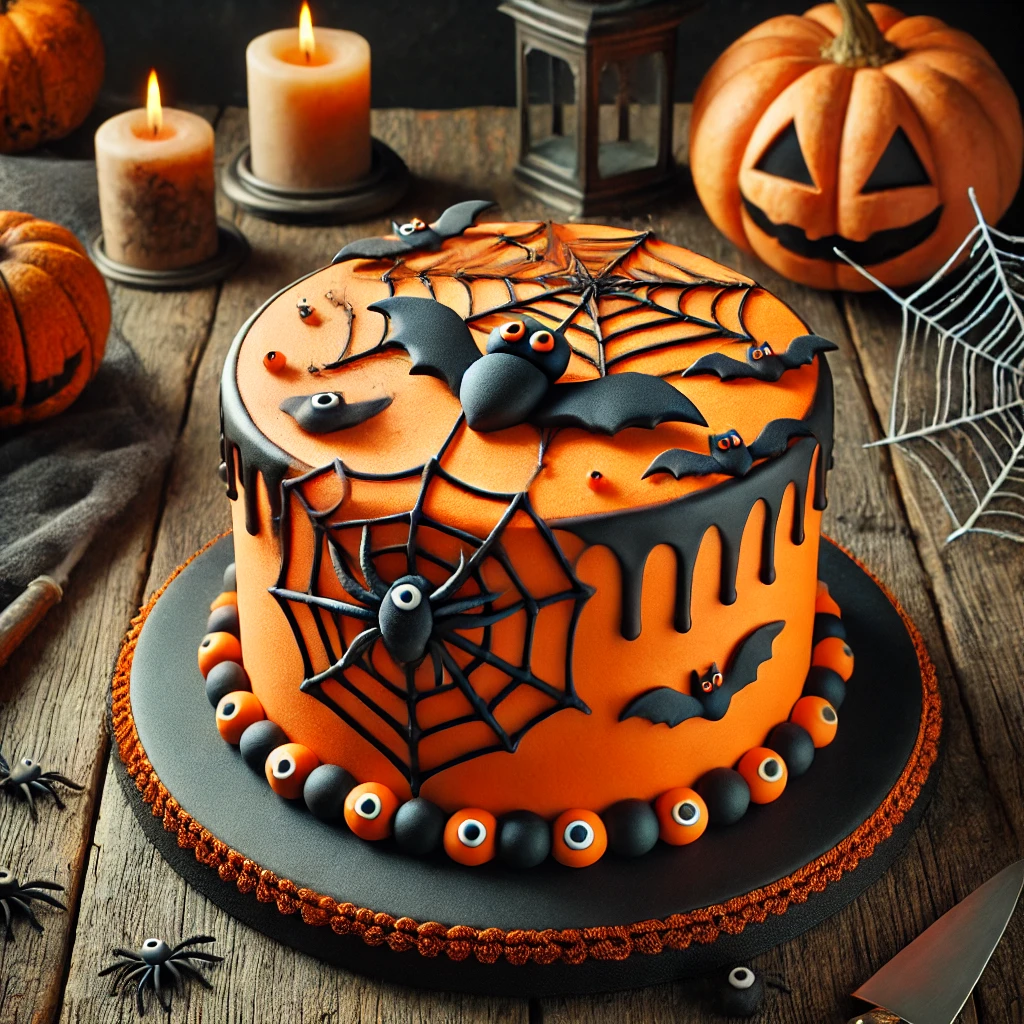 Narancssárga fondanttal és csokoládékrémmel készült halloween torta
