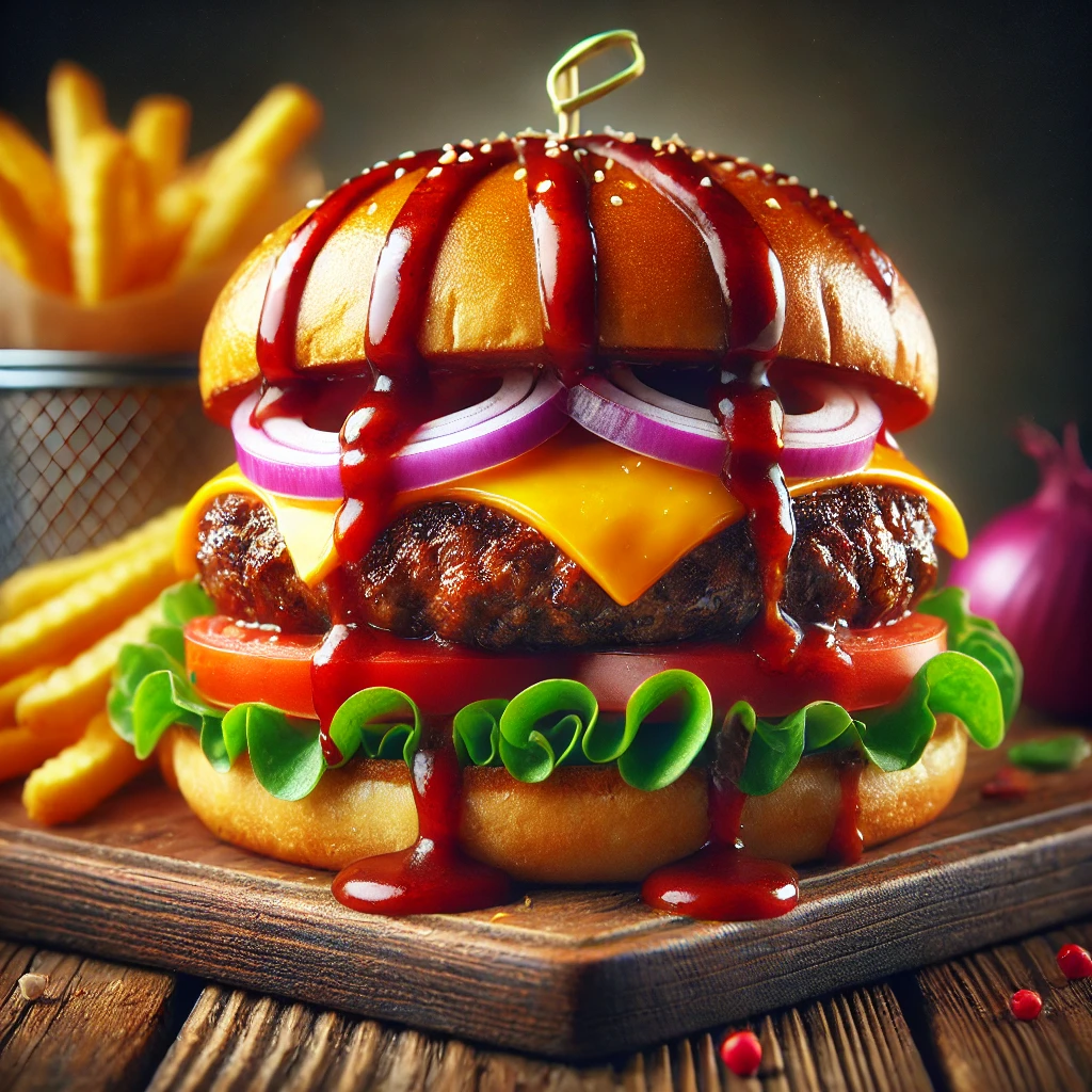 Ízletes házi hamburger BBQ szósszal, sajttal és friss zöldségekkel