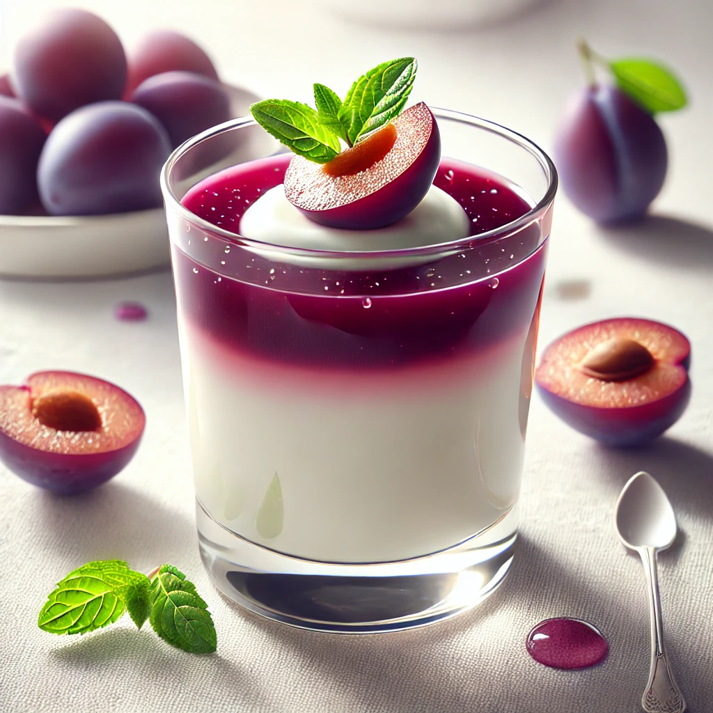 Krémes panna cotta szilvaszósszal és friss szilvaszeletekkel díszítve