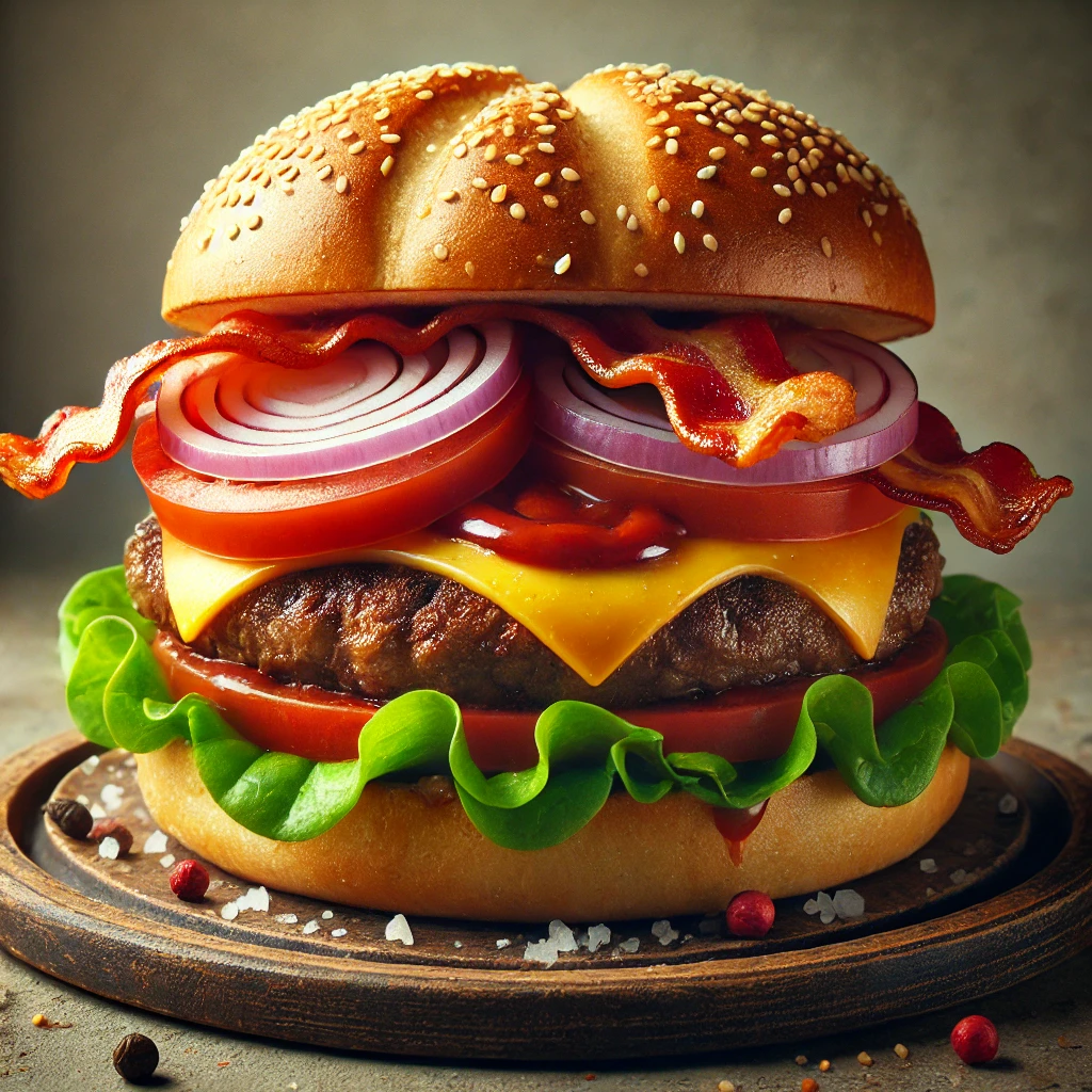 Szaftos burger marhahússal, cheddar sajttal és ropogós baconnel