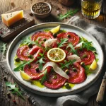 Horse meat carpaccio served with arugula, Parmesan, and capers.
