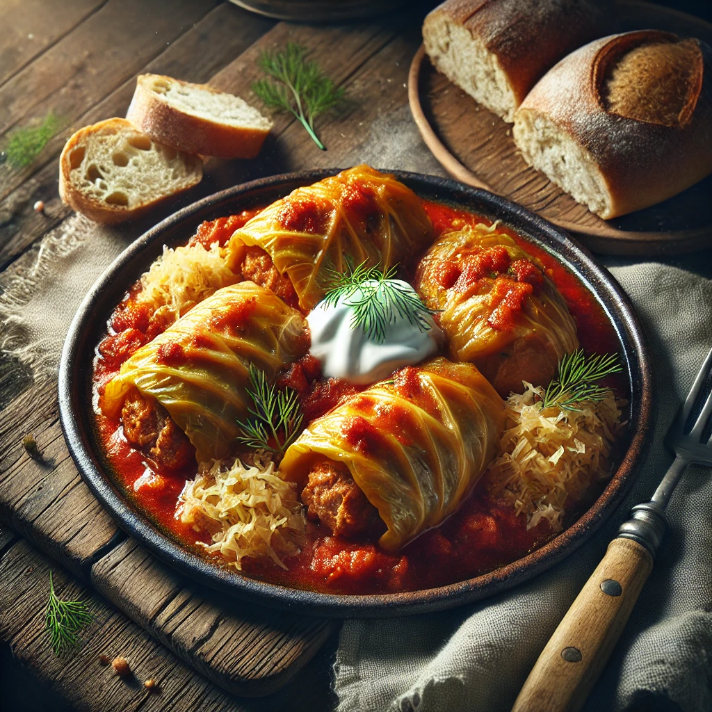 Traditional Hungarian cabbage rolls with pork and rice