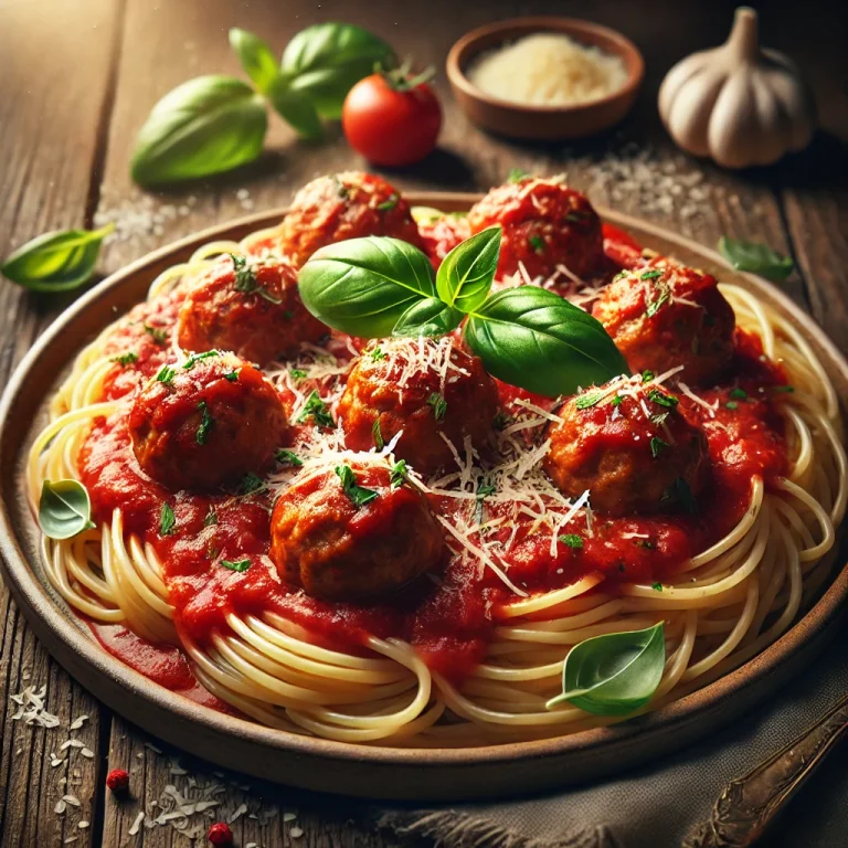 Húsgombócok paradicsomszósszal és spagettivel tálalva