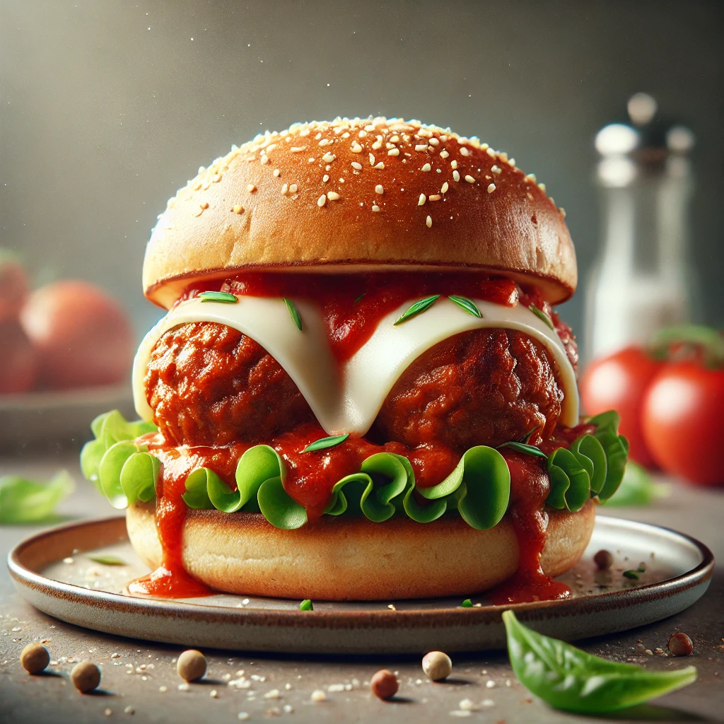 Szaftos húsgombócokkal és paradicsomszósszal készült burger