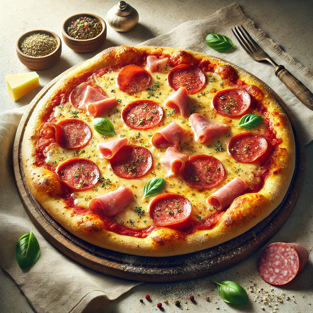 Szalámival és sajttal készített ínycsiklandó pizza