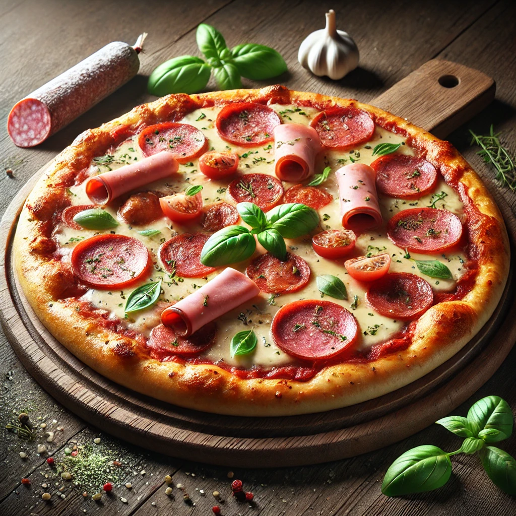 Ízletes házi húsos pizza szalámival, sonkával és kolbásszal