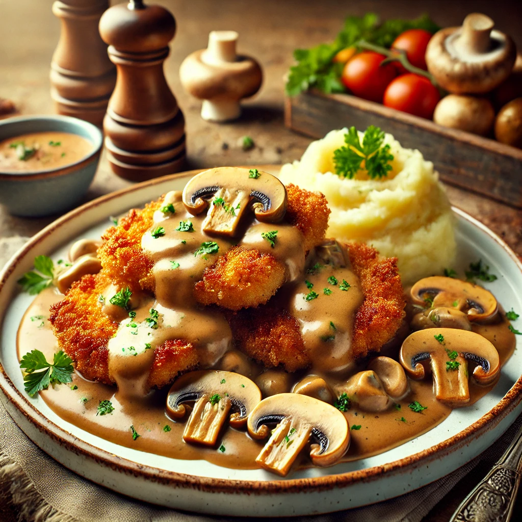Klasszikus német Jägerschnitzel gazdag gombás szósszal