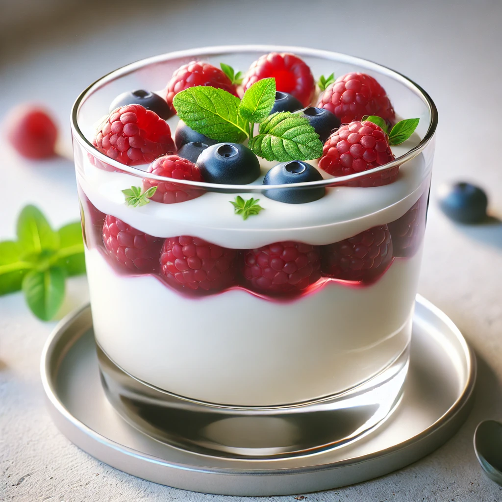 Krémes joghurtos panna cotta friss gyümölcsökkel és mézzel díszítve