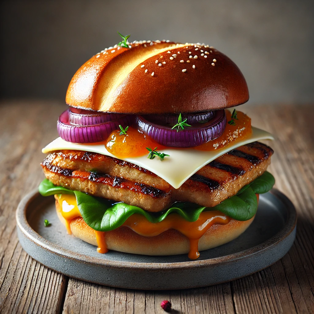 Különleges burger kacsahússal, brie sajttal és narancslekvárral