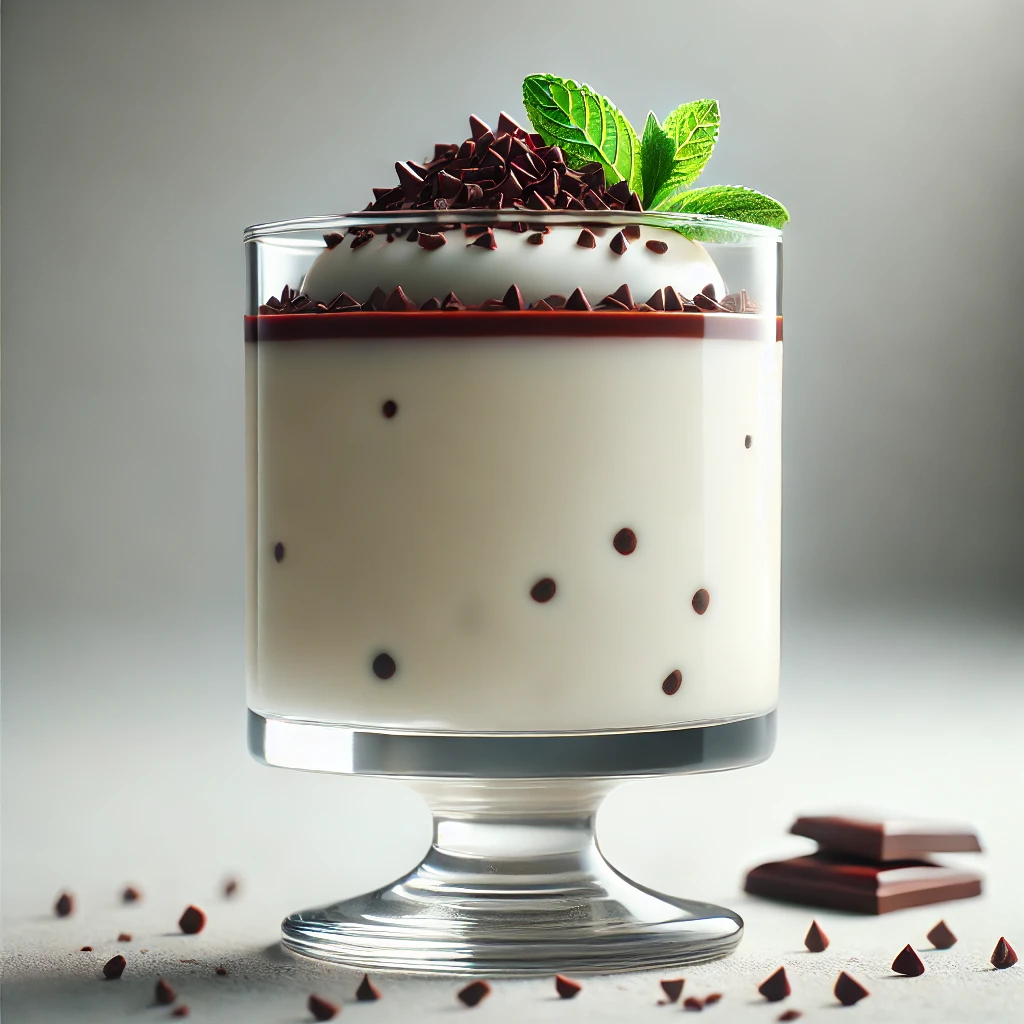 Krémes panna cotta kakaóbab darabokkal és csokoládéval díszítve
