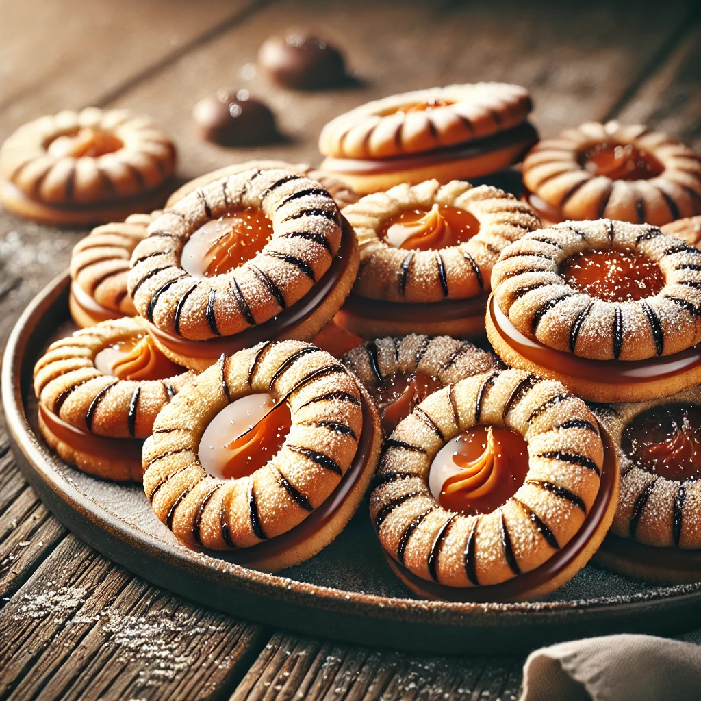 Omlós linzertészta karamellkrémmel és csokoládés díszítéssel