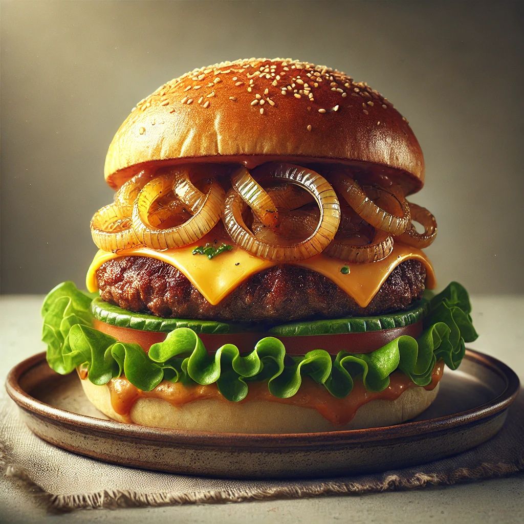Laktató és ízletes burger karamellizált hagymával és sajttal