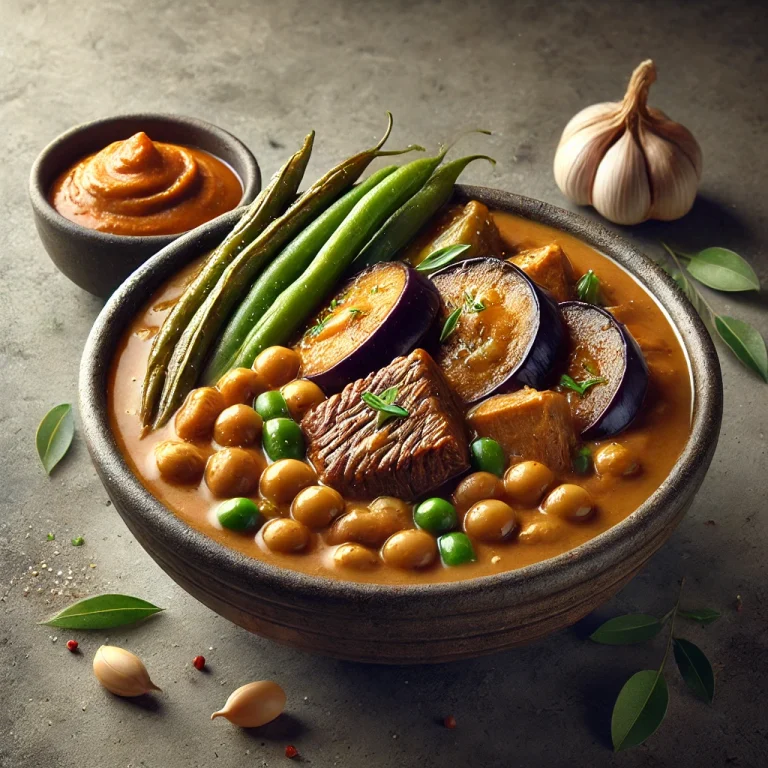 Kare-kare, filippínó mogyorós húsos étel tálalva