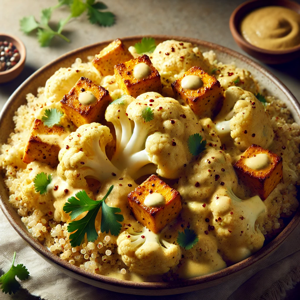 Krémes és fűszeres vegán karfiolos quinoa curry tahinivel és tofuval