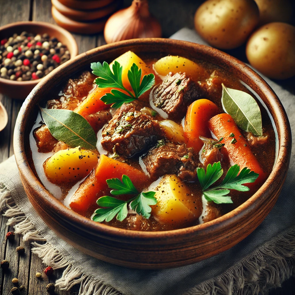 Tradicionális finn húsos ragu zöldségekkel és húslevessel