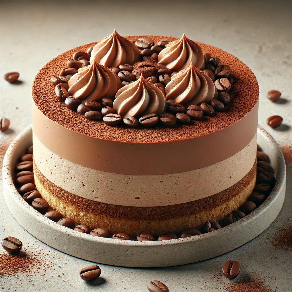 Gazdag kávés és csokoládés mousse torta kávészemekkel díszítve