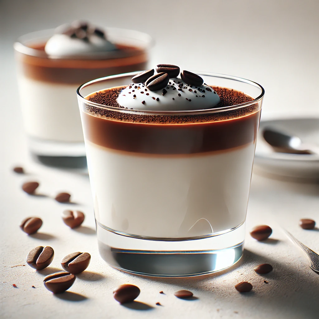 Krémes panna cotta kávészósszal és csokoládéval díszítve