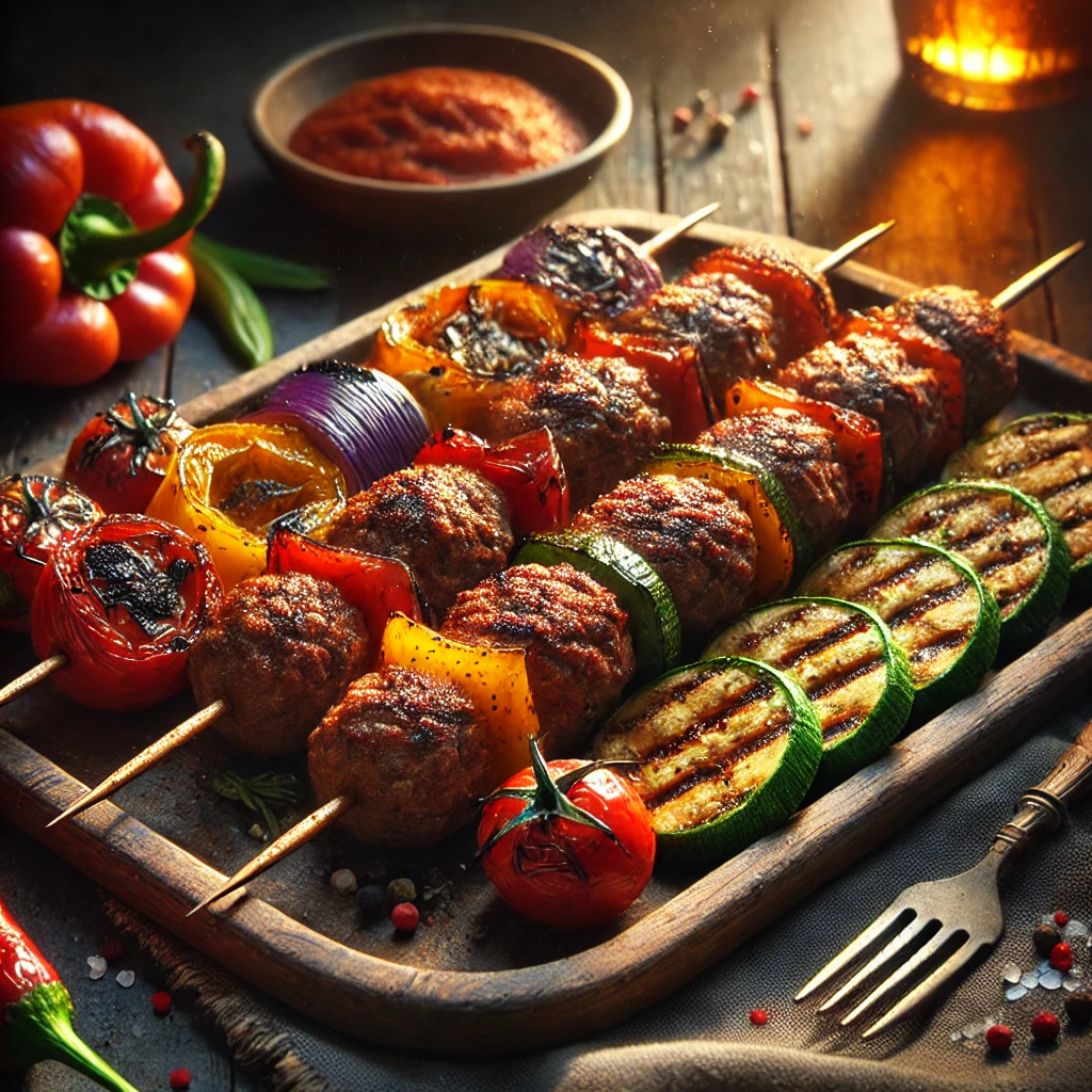Ízletes házi kebab grillezett zöldségekkel