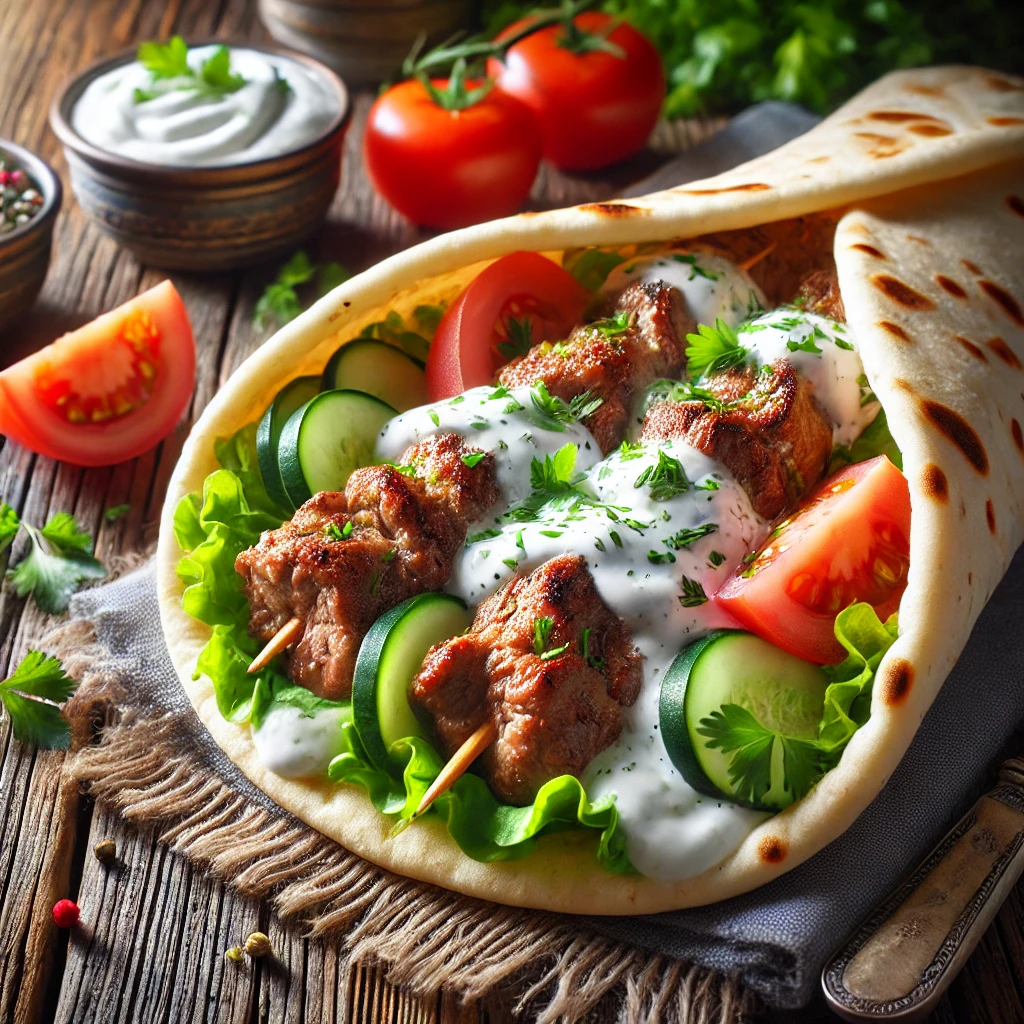 Ízletes kebab pitában friss zöldségekkel és joghurtos öntettel