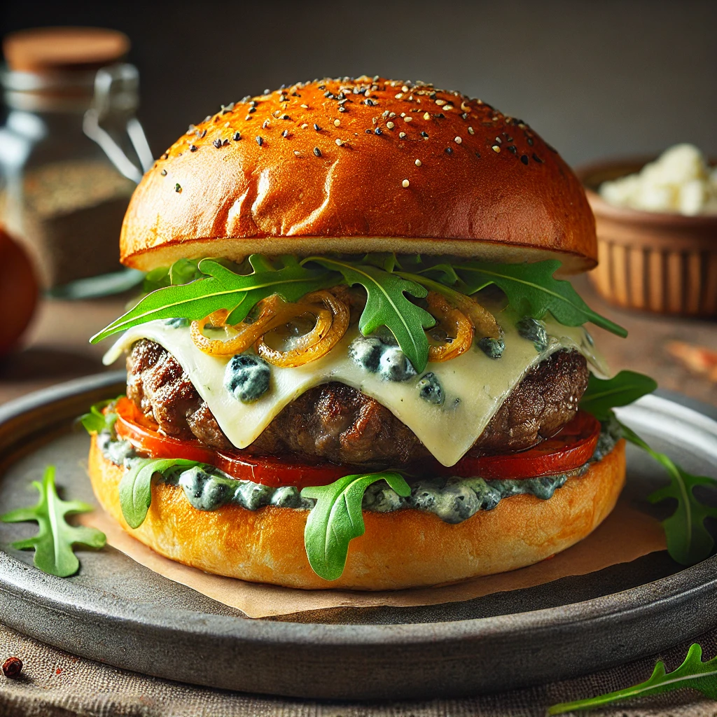 Egyedi burger kéksajttal és karamellizált hagymával