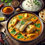 Keralai hal curry sertéshússal, gazdag kókusztejes alapban tálalva