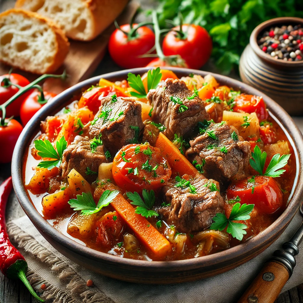 TradicionÃ¡lis Ã¶rmÃ©ny hÃºsos ragu zÃ¶ldsÃ©gekkel Ã©s friss petrezselyemmel