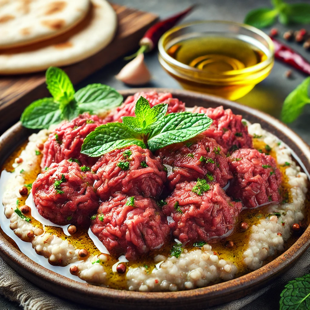Tradicionális közel-keleti nyers húsos előétel friss fűszerekkel és pitával