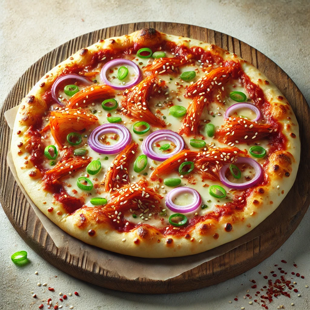Koreai stílusú pizza kimchivel és mozzarellával