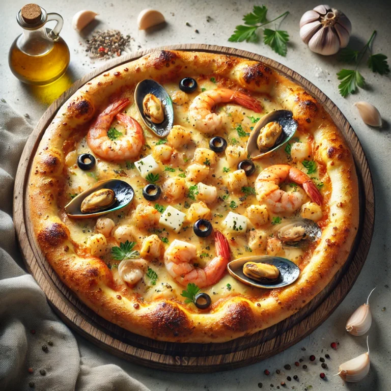 Klasszikus Frutti di Mare pizza tálalva