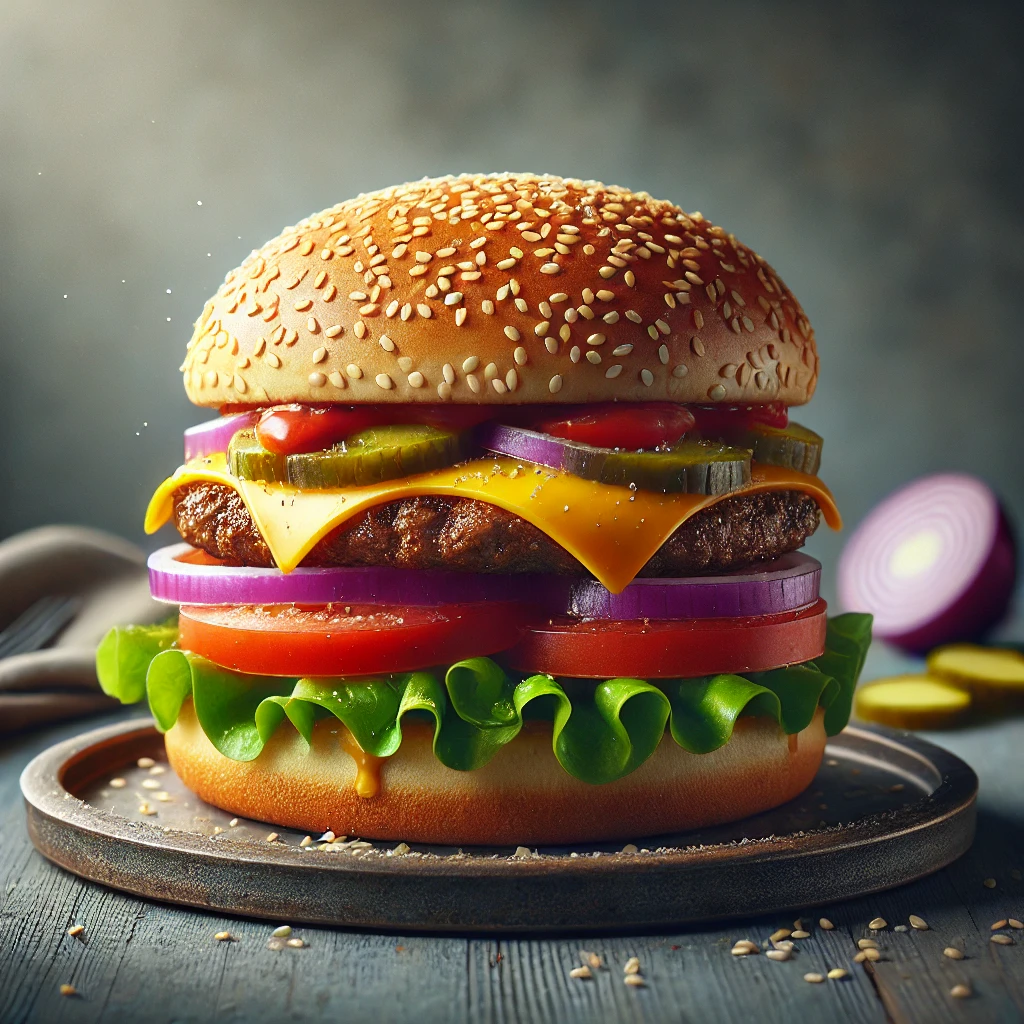 Egyszerű hamburger szezámos zsemlével és cheddar sajttal
