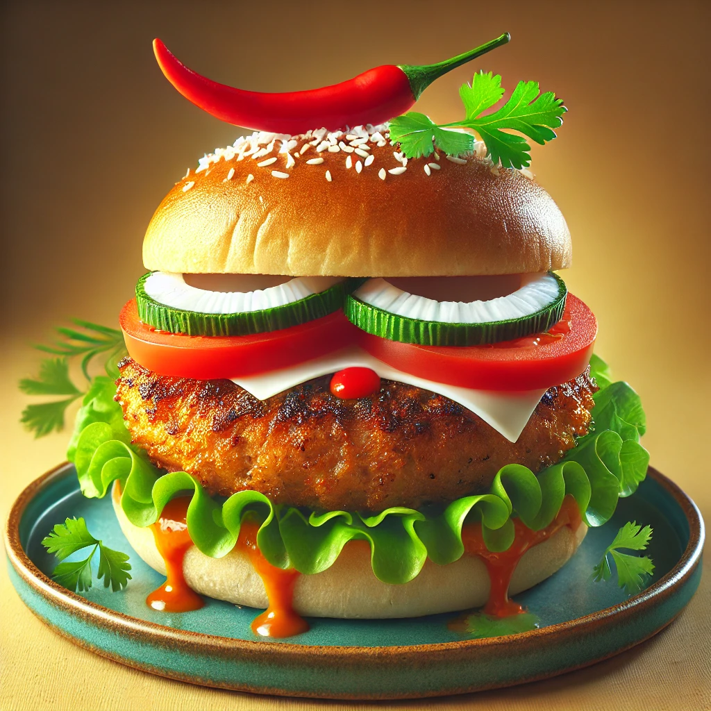 Különleges burger kókusztejes-chilis csirkehússal és lime-mal