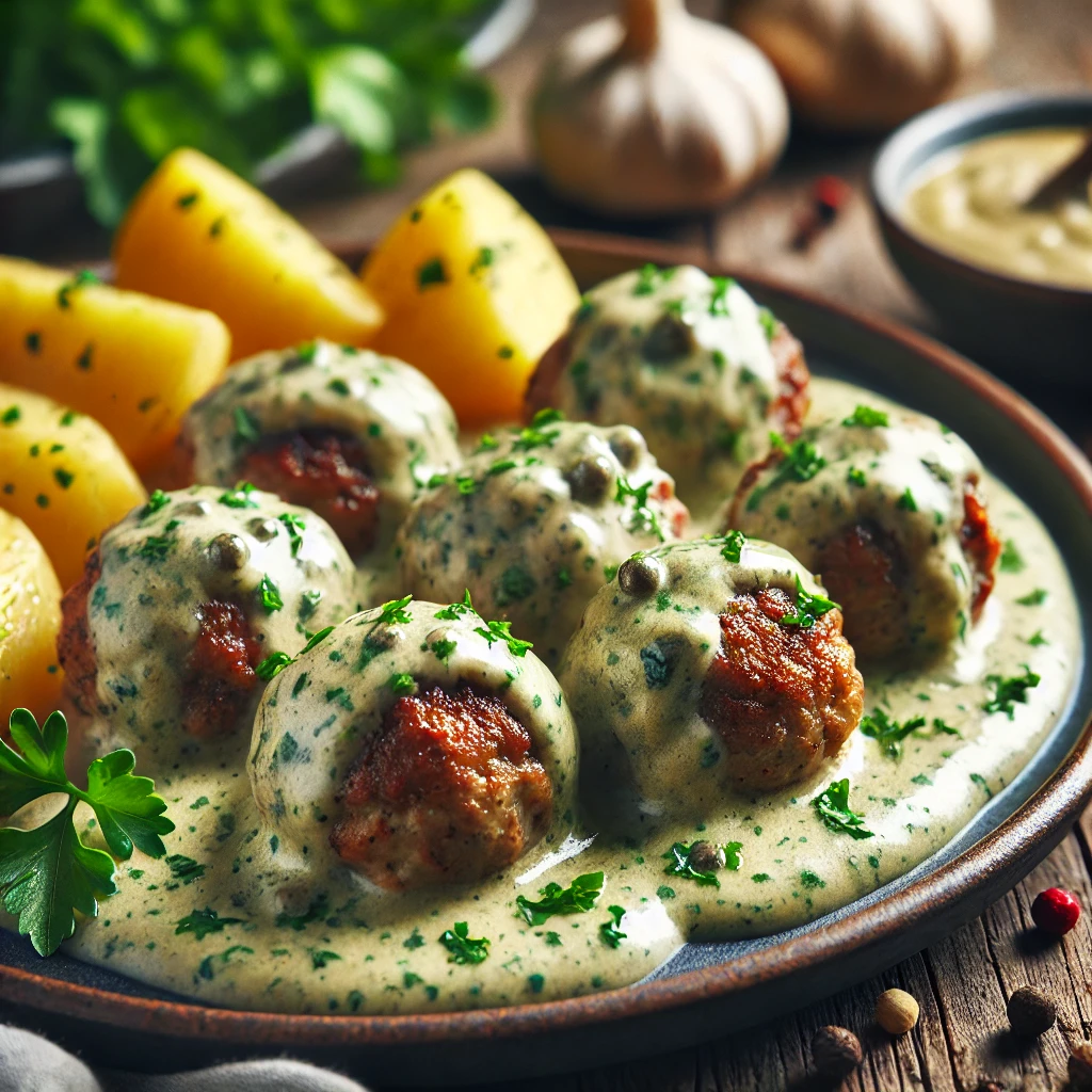 Tradicionális német húsgombóc kapris szósszal és főtt burgonyával