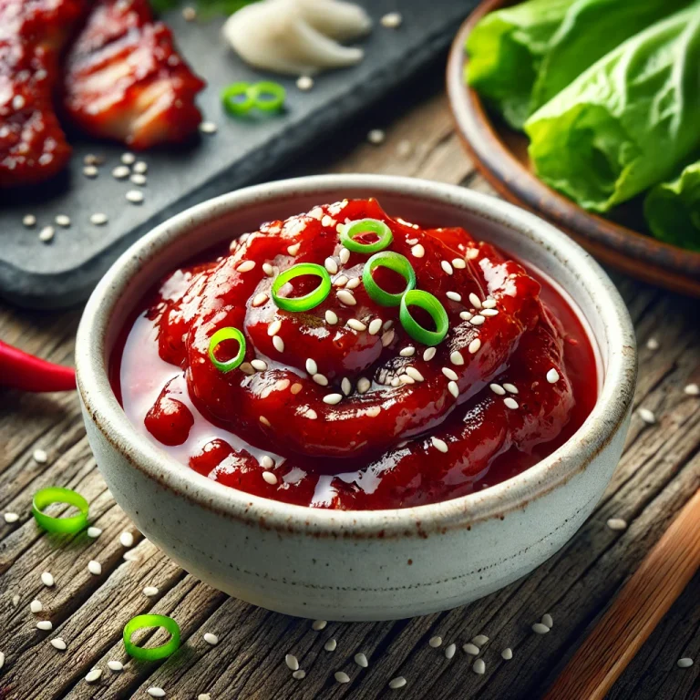Ssamjang mártás tálalva grillezett ételekkel