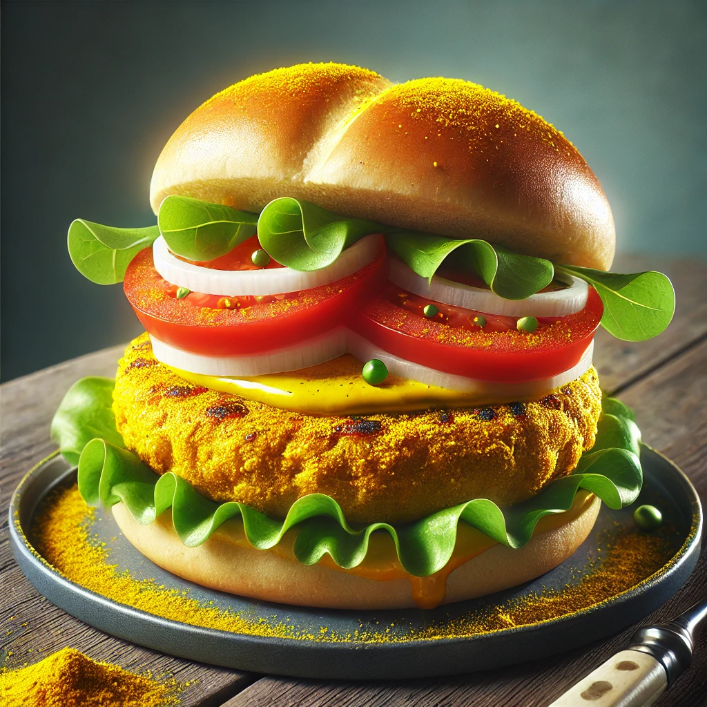 Különleges burger kurkumás csirkehússal és friss zöldségekkel