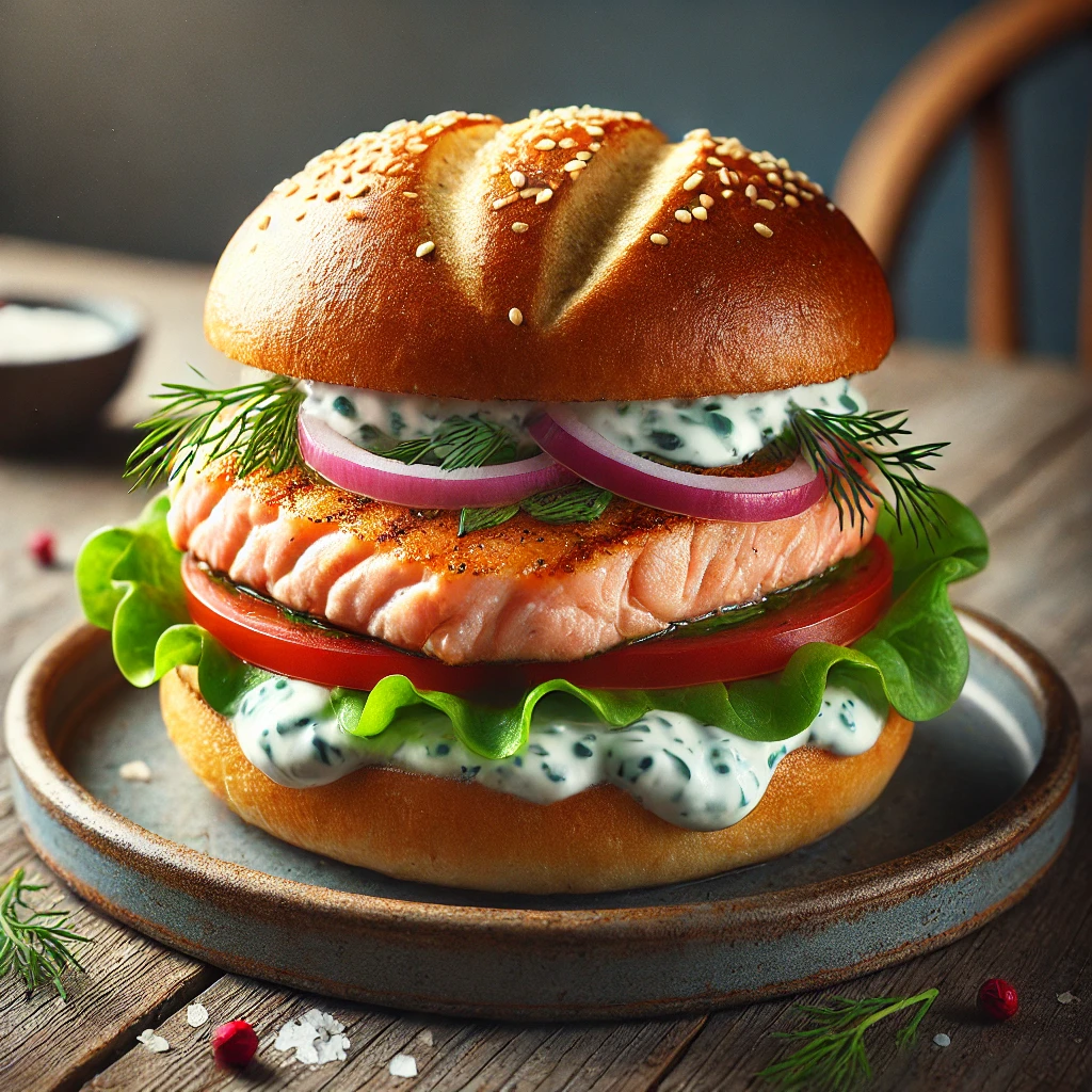 Egészséges burger lazacpogácsával és kapros joghurtos szósszal