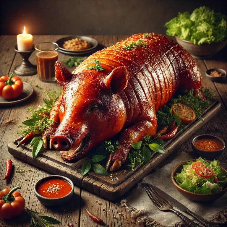 Lechon, ropogós bőrű sült malac tálalva