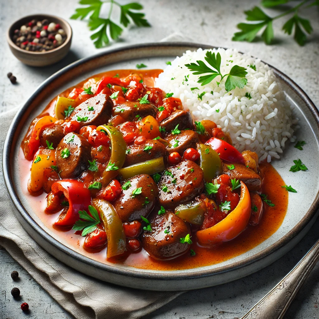 Ízletes magyaros csirkemáj lecsóval és rizzsel